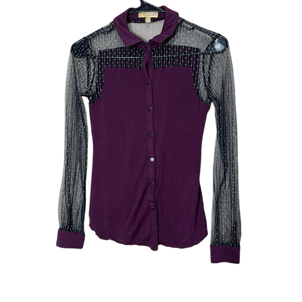 Princess by Vera Wang Y2K Sheer Long Sleeve‎ Button Up Shirt Purple Black XS